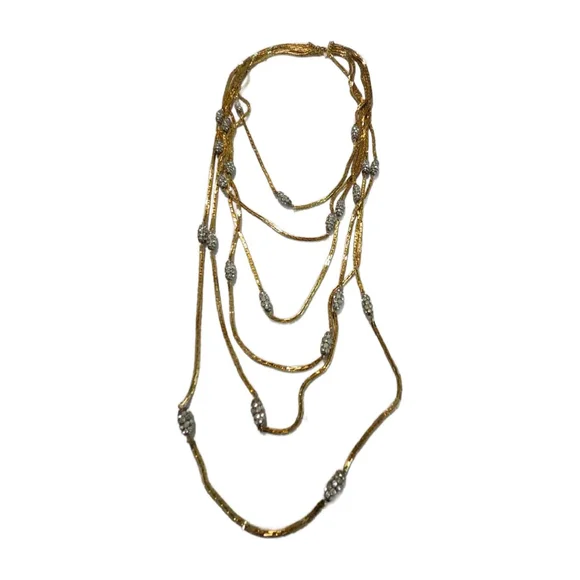 Vintage Christian Dior 6 Strand Gold Tone Necklace, Pave Crystal Beads, 1970s - Picture 4 of 14